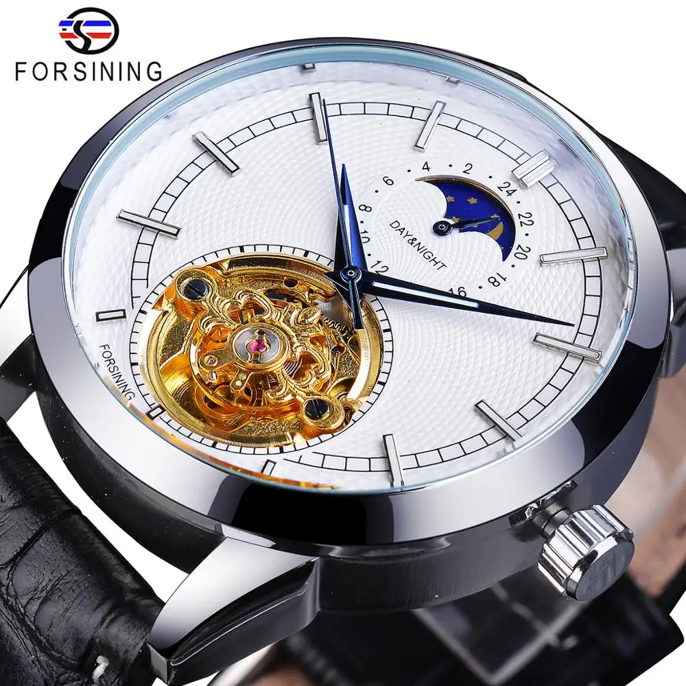 

Forsining Fashion New Arrival Automatic Mechanical Wristwatch Waterproof Moon Phase Clock Tourbillon Leather Strap Mens Watches