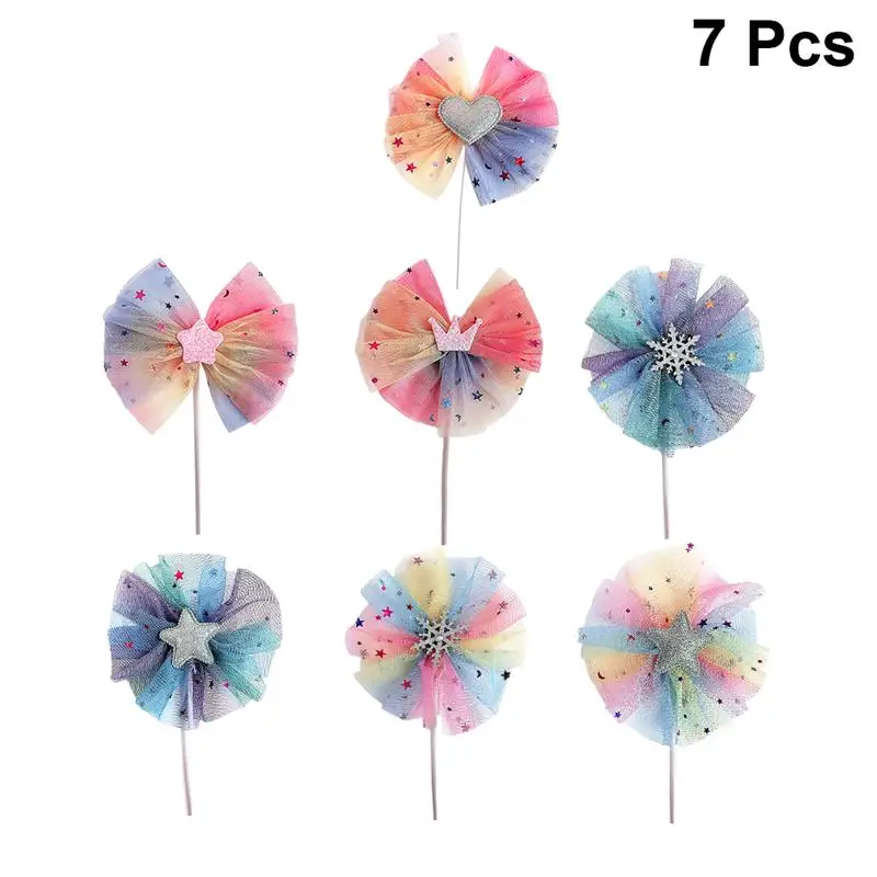 7pcs Colorful Bow Knot Cake Topper Cupcake Ornament Picks Cake Decoration Dessert Adornment For Party Birthday(Random Style