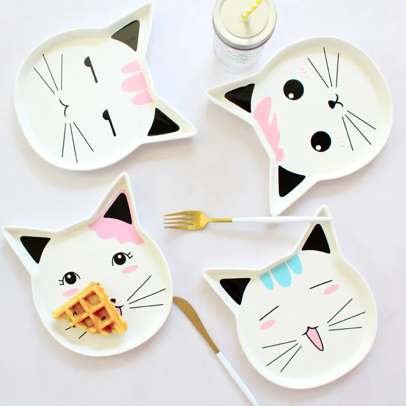 

Creative Cartoon Cute Cat Ceramic Plate Children's Breakfast Dish Dessert Fruit Snack Plates Animal Cutlery Novelty Tableware
