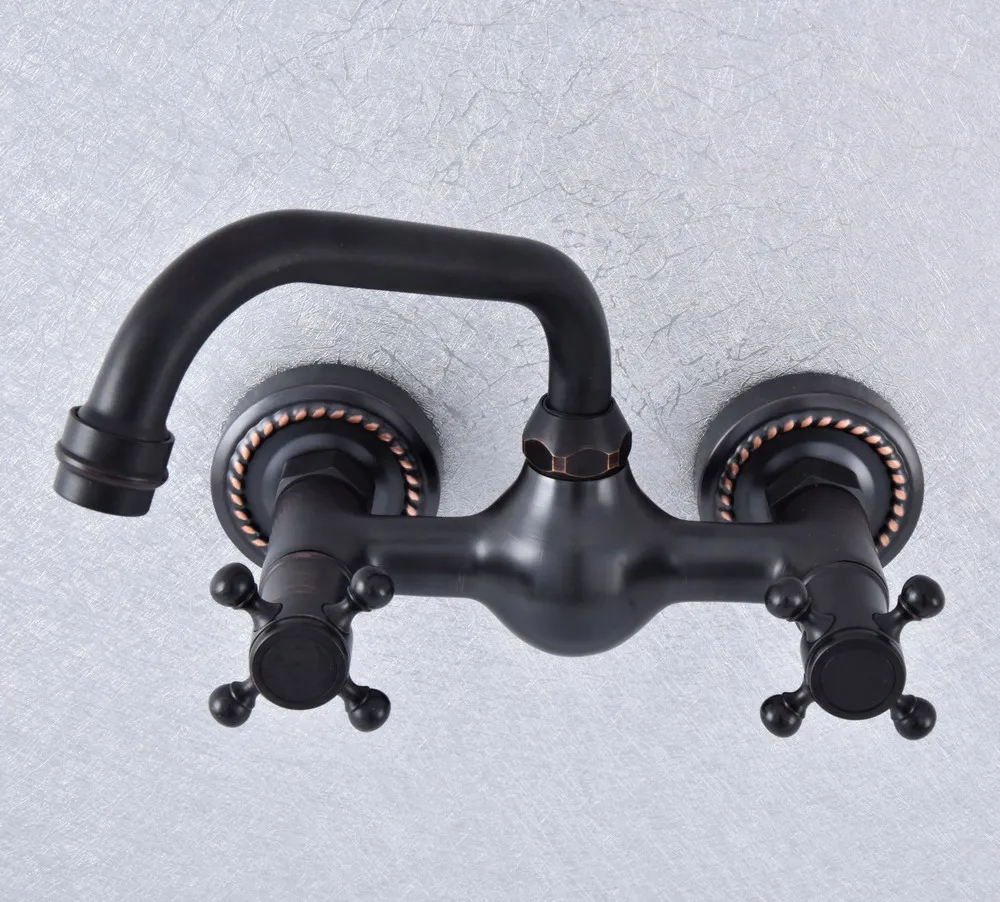

Kitchen Wet Bar Bathroom Vessel Sink Faucet Black Oil Rubbed Brass Wall Mounted Swivel Spout Mixer Tap Dual Cross Handles msf726