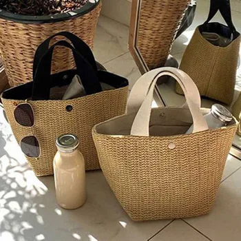 

Summer Rattan Woven Handbags Retro Beach Straw Tote Bucket Bag Women GIrls Wicker Woven Tote Bucket Bag Dropship NO Scarf