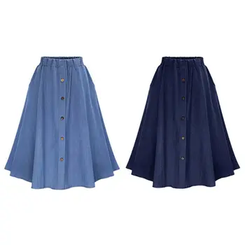 

Womens High Waist Stretchy 5 Buttons Front A-Line Pleated Flowy Midi Long Skirt with Pockets Faux Denim Retro Casual Wear S-L