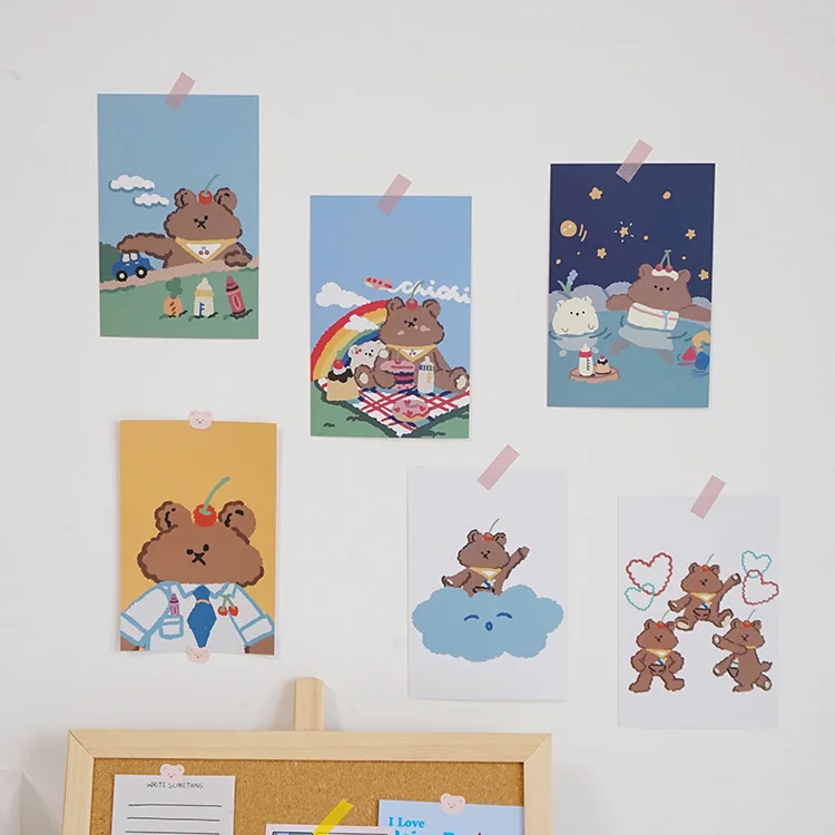 

Soft Candy Bear Poster Card Set 6 Sheets Cute Cartoon Double Sided Girl Dormitory Room Wall Sticker Desk Decoration Stationery