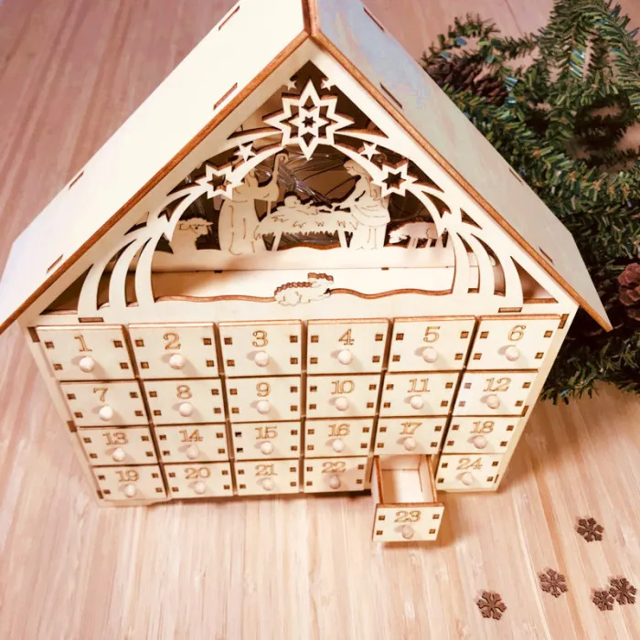 Hot Wooden Advent Calendar Countdown Lights Christmas Party 24 Pull-Out Drawers LED Light XJS789