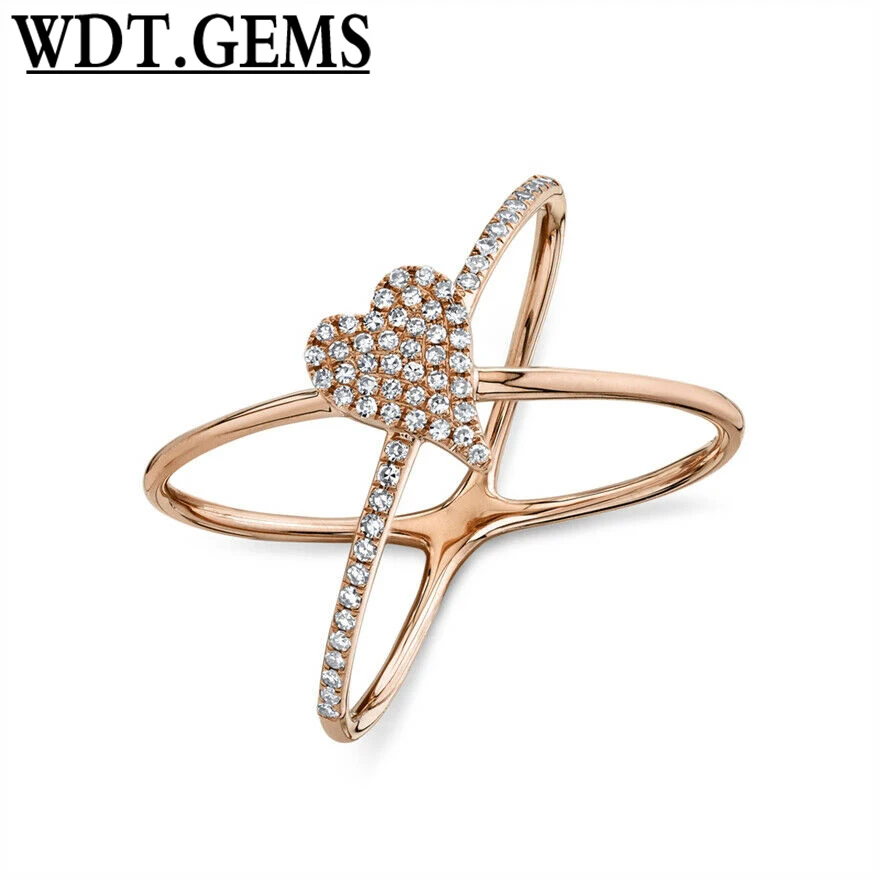 10K Yellow Gold Diamond Heart X Ring Crossover Cocktail Womens Natural Round Cut