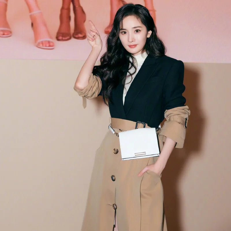 

2019 Autumn Star Celebrity Style Trench Coat Joint Khaki Mid-length Commuting Ol British-Style Long Pattern Coat for Women