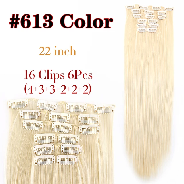 Synthetic 6H/613# Clip In On Hair Extensions 6Pcs/Set 16 Clips Hair Extension Full Head 55Cm Straight Synthetic Fiber Hairpieces 613