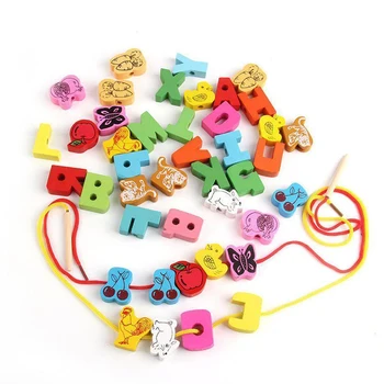 

60pcs Wooden Beads Animals Stringing Game Blocks Toys Heart-Shape Box Educational Mixed Digit Fruit Toy for Children Gifts