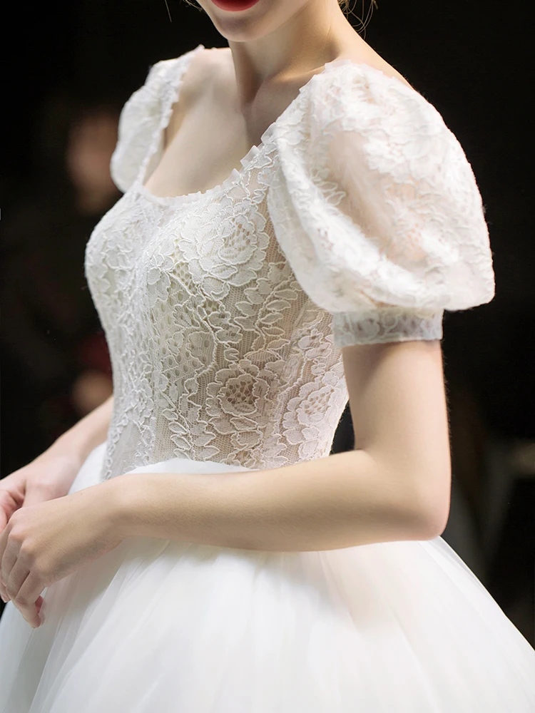 

Hot Sales Vintage Ivory Wedding Dresses 2019 A-Line Puff Sleeves Bride Dress White Lace Top Wedding Gown Vestido De Noiva