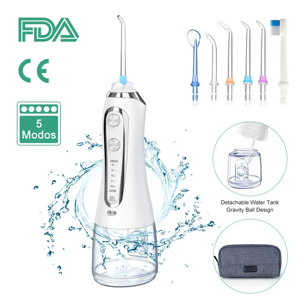 

Oral Irrigator 5 Modes USB Rechargeable Water Flosser Portable Dental Water Jet 240ml Waterproof Teeth Cleaner + 5x Nozzles&Bag