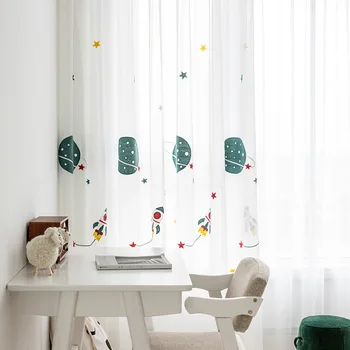 

Modern Curtains for Living Dining Room Bedroom Cartoon Children's Bedroom Space Cotton and Linen Embroidered Tulle Curtains