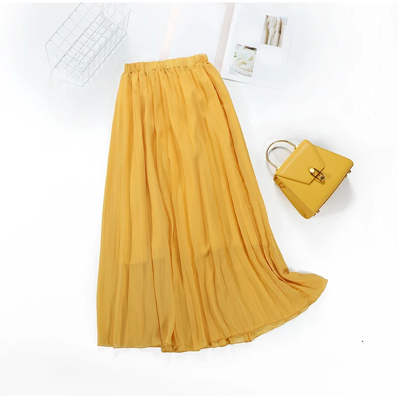 Женская шифоновая плиссированная длинная юбка с высокой талией, однотонные макси юбки для женщин, весна-лето, модные повседневные юбки для женщин