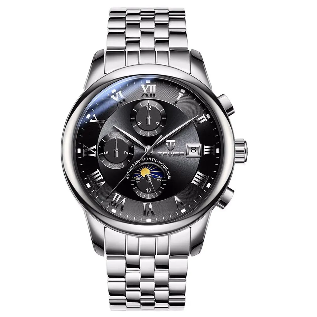 Tevise Men'S Mechanical Watch Automatic Waterproof Calendar Casual Men'S Watch Spiral Crown Watch - Цвет: black