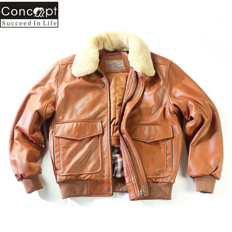 

Fly Air Force Flight Fur Collar Genuine Leather Men G1 Winter Coat Bomber Motorcycle Biker Jacket