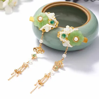 

1 Pair Chinese HairWear Beautiful Antique Long Tassel Side Clip Han Side Clip Jade Pearl Hair Clip Headwear for Dating