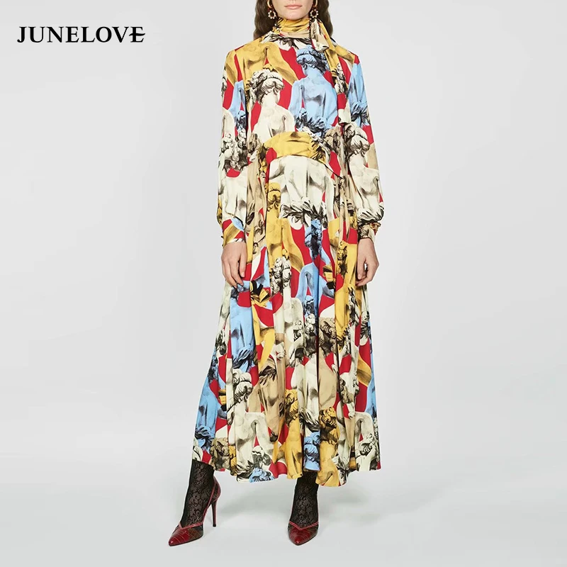 JuneLove Women Autumn Turtleneck Long Maxi Dress Vintage Print Floral Female Sashes Casual Street Lady Boho Vestidos | Женская одежда