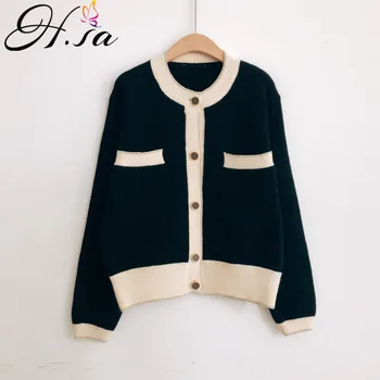 

H.SA 2019 Fall Fashion Women Winter CLothese Black White Elegant Sweater and Cardigans Long SLeeve Button Up Knit Coat OL Jacket
