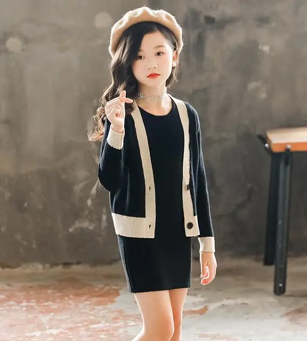 

Children Knitted Set for Girls Clothes Autumn Long Sleeve Cardigan Coat and Vest Dress 2Pcs Kids Clothing Suits Girls Outfits