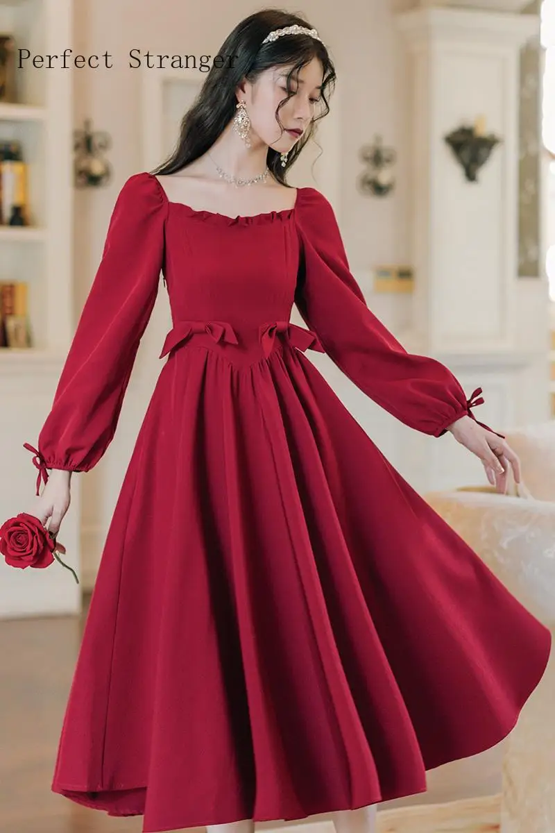 2020 Autumn Winter New Arrival Hot Sale Square Collar Long Sleeve Women Long Dress