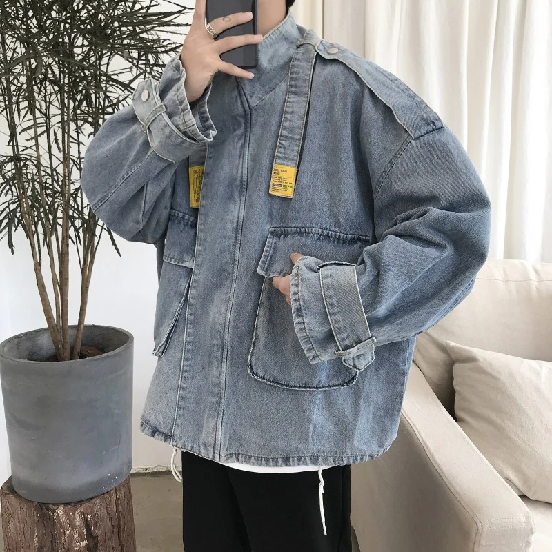 Oversized Jean Cargo Jackets for Men Korean Fashion Trends Streetwear Teenage Autumn Distressed Zip Up Denim Coat Male Clothing mens puffer jacket