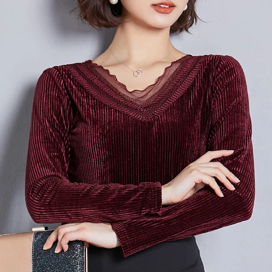 

2019 Corduroy bottoming shirt hollow V-neck wild long sleeve top shirt slim casual plus size women t-shirt mesh tops