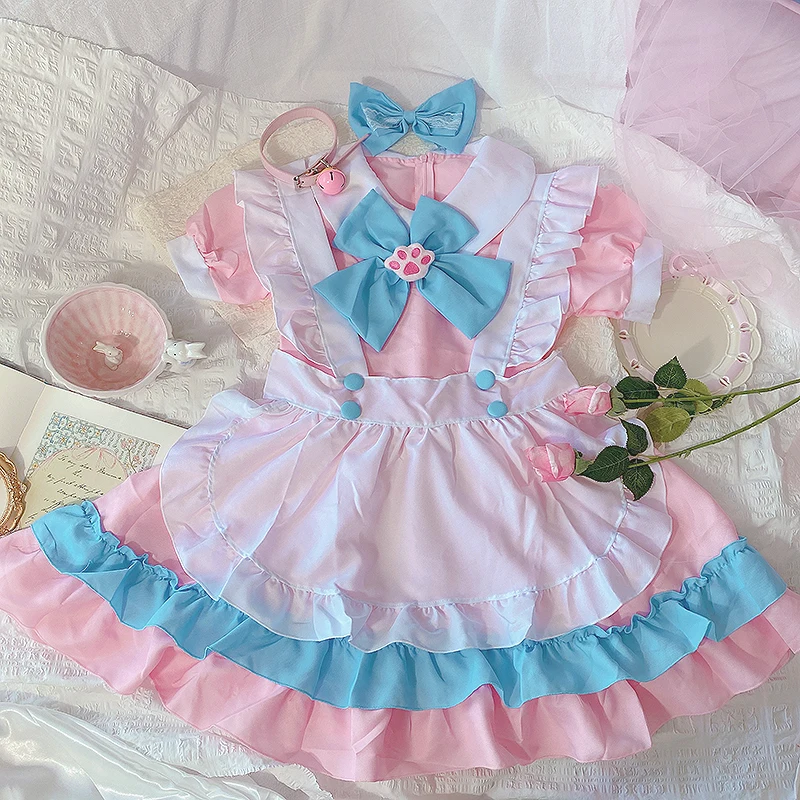 Plus Size 5XL Women Maid Outfit Cosplay Anime Lolita Costume Cute Cat Pink Blue Lace Trim Apron Cat Paw Lolita Dresses Full Set