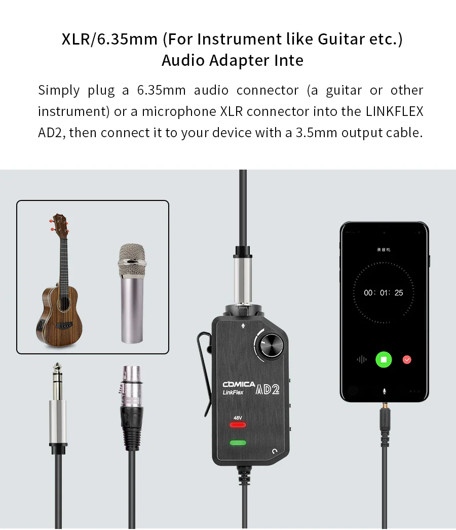 COMICA LinkFlex AD2 XLR/6,35 мм до 3,5 мм аудио предусилитель адаптер с фантомным питанием для iPhone/Android/Nikon/Canon камеры и гитары