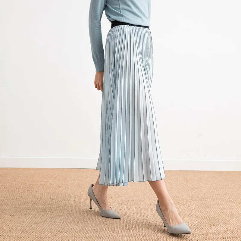 Pleated skirt women's long section spring and summer New Wild a-shaped stripe high waist temperament slim pleated skirt