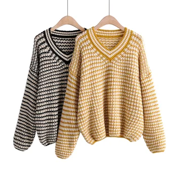 

2019 Autumn New Pullover Jumper Women Sweater Casual Knitted Pull V-neck Loose Stripe Long Sleeve Female Sweaters Femme