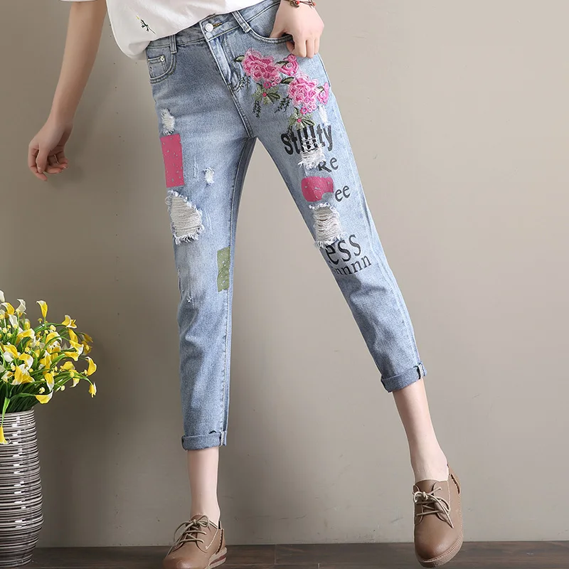 Ripped Hole Floral Embroidered 9/10 Length Denim Capri Pants Print Harem Jeans for Women