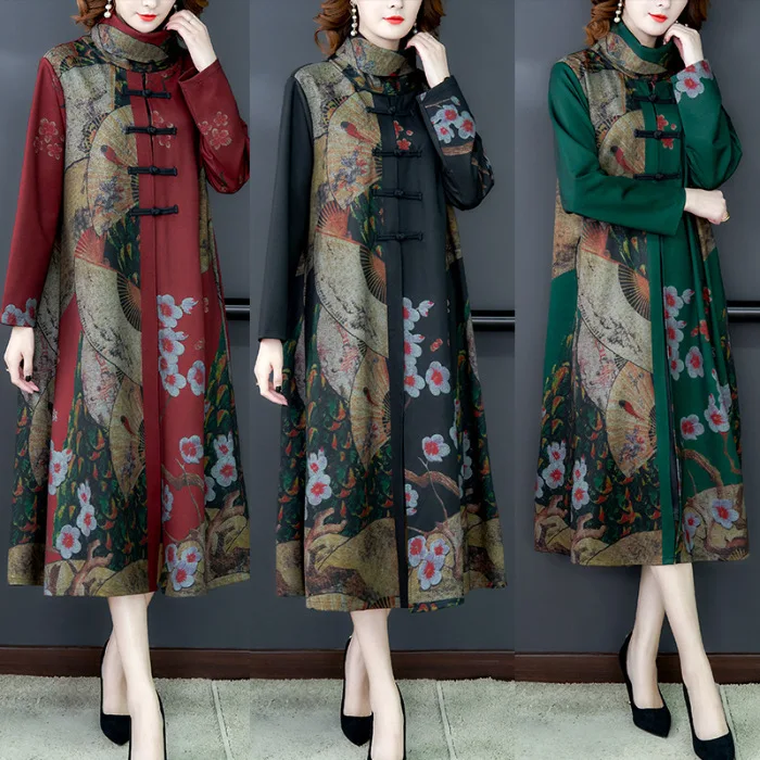 

2020 Early Spring New Style Mid-length Elegant Printed Trench Coat Dress Women's Middle-aged 50-60-Year-Old Long Coat