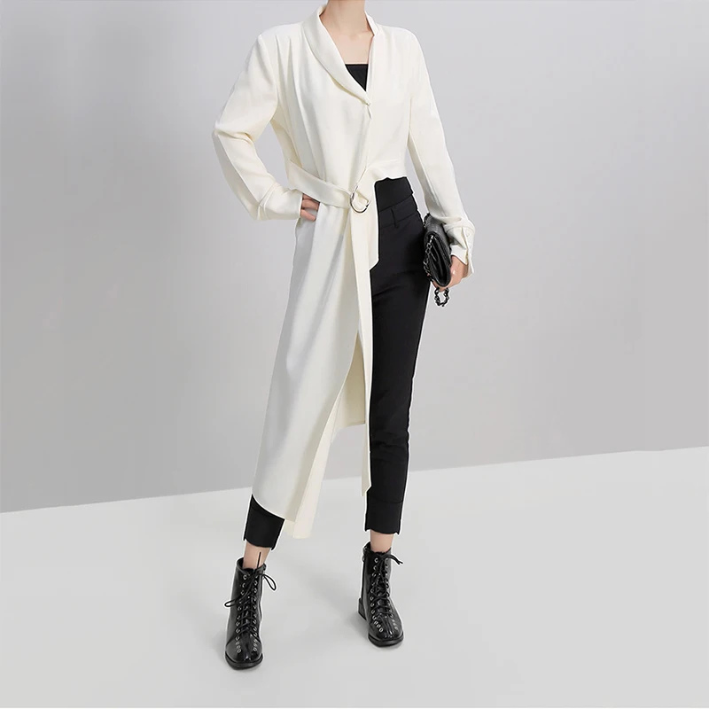 [EAM] Женская длинная Асимметричная Блузка с поясом по бокам, новая свободная рубашка с отворотом и длинным рукавом, модная весенняя Осенняя 1A239
