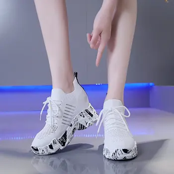 

Knit Graffiti Sole Platform Wedge Sneakers Women Breathable Stretch Fabric Height Increase Sock Sneakers Women Black White