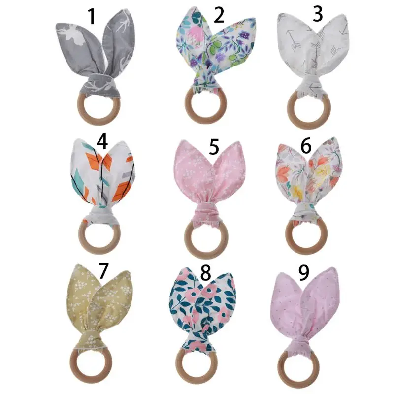 

Baby Boy Girl Bunny Ear Teether Safe Organic Wood Teething Ring Toys Various Color Choice Shower Gift Baby Products Baby Teether