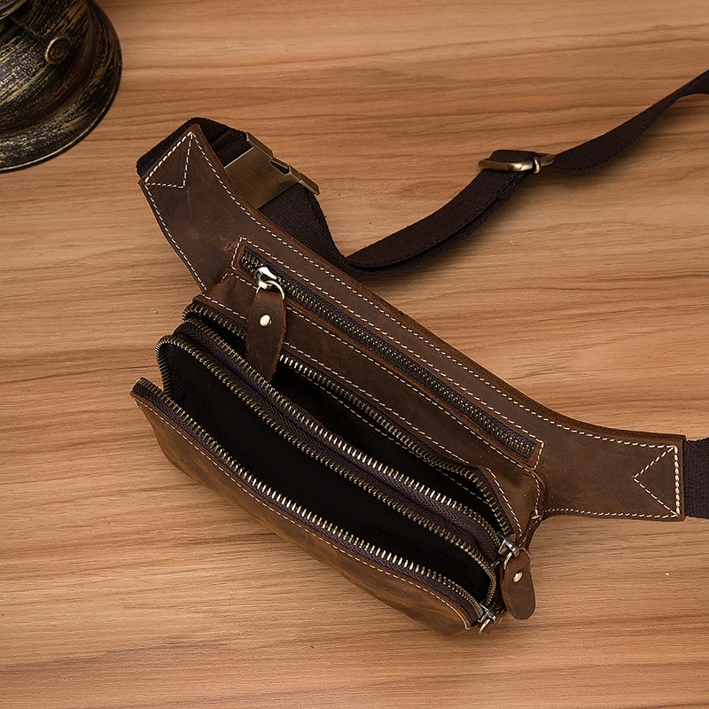 Hot Sale Crazy Horse Leather men Retro Travel Fanny Waist Belt Chest Pack Sling Bag Design Bum Phone Cigarette Case Male 1353