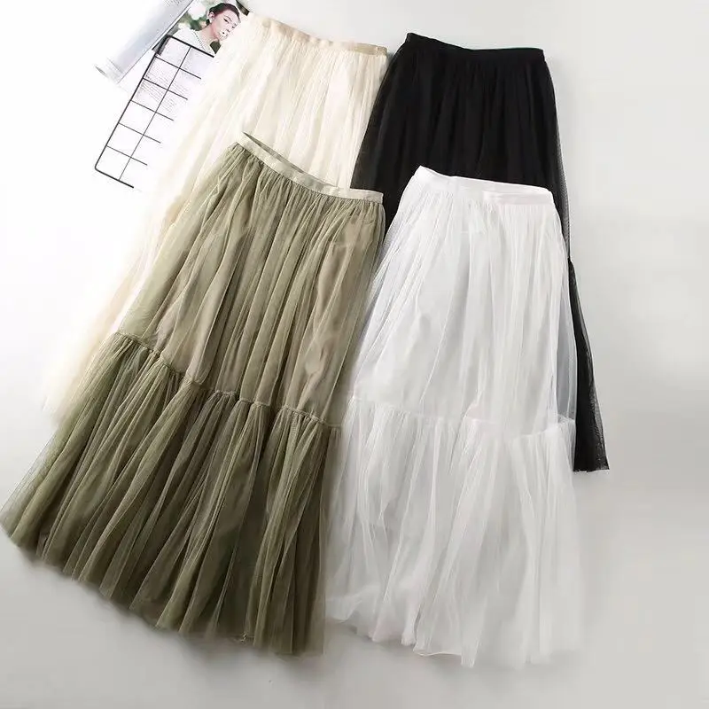 

2020 Spring New Sweet Style Cake Skirt Layered Long Mesh Skirts Elegant High Waist Ruffles Vintage Solid Tulle Pleated Skirts