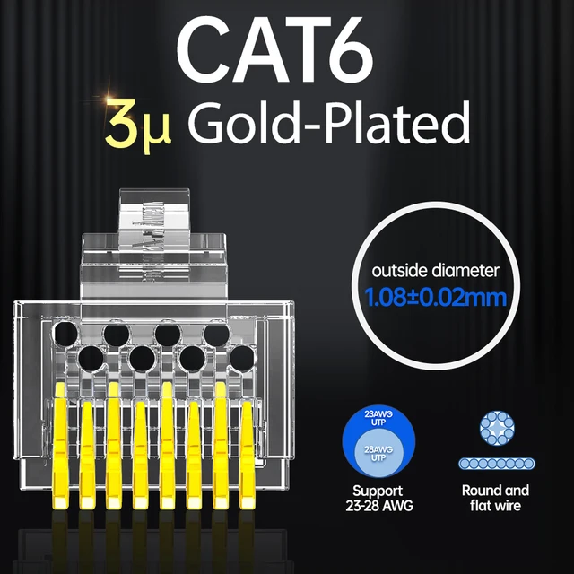 AMPCOM CAT6 CAT5E Pass Through RJ45 Modular Plug Network Connectors UTP 3/50μ Gold-Plated 8P8C Crimp End for Ethernet Cable CAT6 3U
