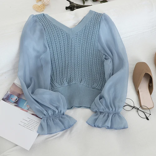 Neploe Fashion Patchwork Mesh Blouse Women V Neck Knit Flare Long Sleeve Blusas Autumn Spring New Slim Shirt Elegant 47108 - Цвет: sky blue