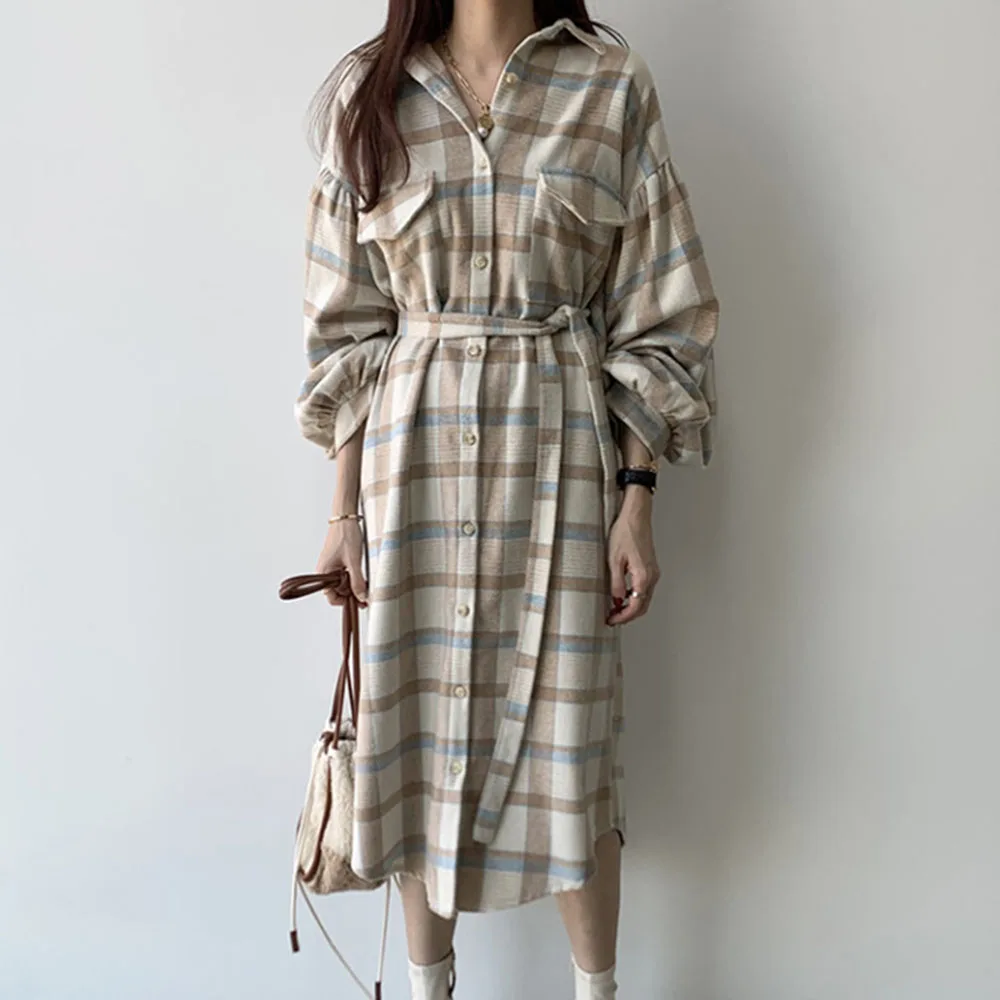 Осеннее женское платье с длинным рукавом корейское офисное повседневное