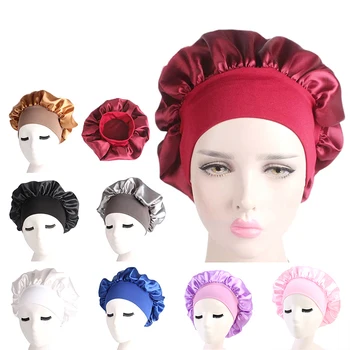 

58cm Long Hair Care Women Satin Bonnet Cap Night Sleep Hat Silk Head Wrap Adjust Shower Caps Knitted Cap Solid Color
