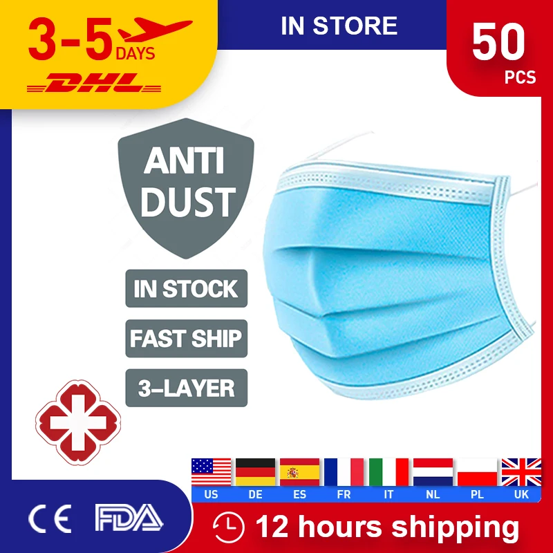 

50PCS 3 Laye Mask Dust Protection Masks Disposable Face Masks Elastic Ear Loop Disposable Dust Filter Safety Mask Anti-Pollution