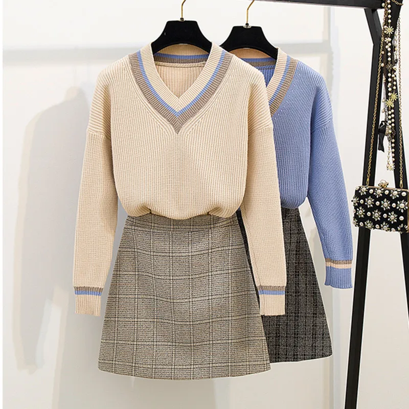 

New Runway Knitted Two-piece Sweet Women Long-sleeved V-collar Pullover Hit Color Knitted Tops + A-line Plaid Skirt Suit