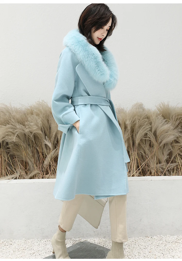 Cheap Women 2019 Winter Natural Fox Fur Collar Double-Sided Wool Blends Coat Female Thicken Warm Sheep Shearing Long Overcoat 13