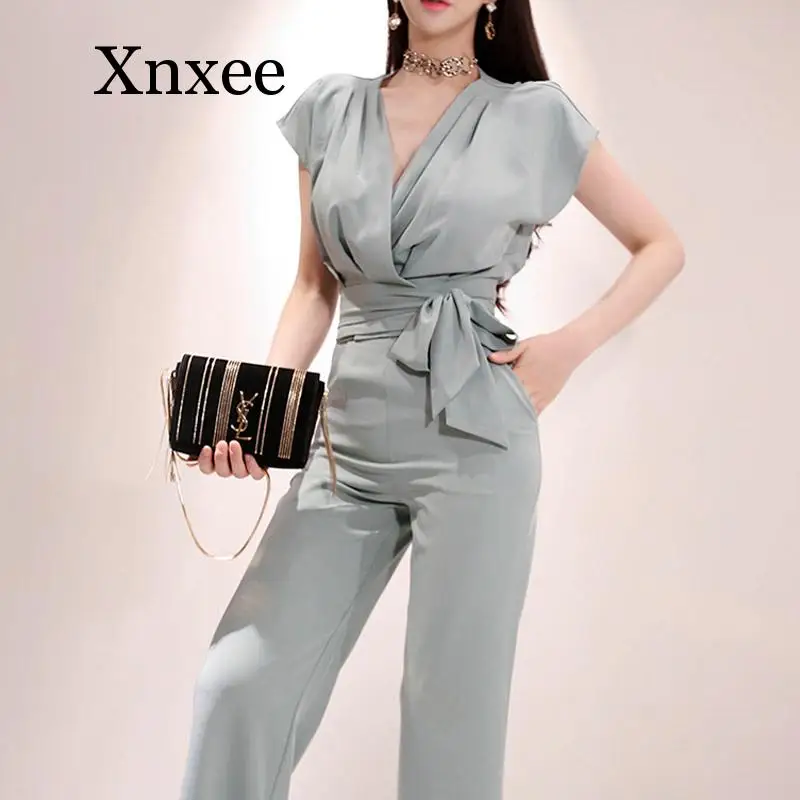 

2020 Summer 2 Pieces set for women Sleeveless tops And Long Pant Suits V-Neck ladies work Wide Leg Office trousers Suit gray