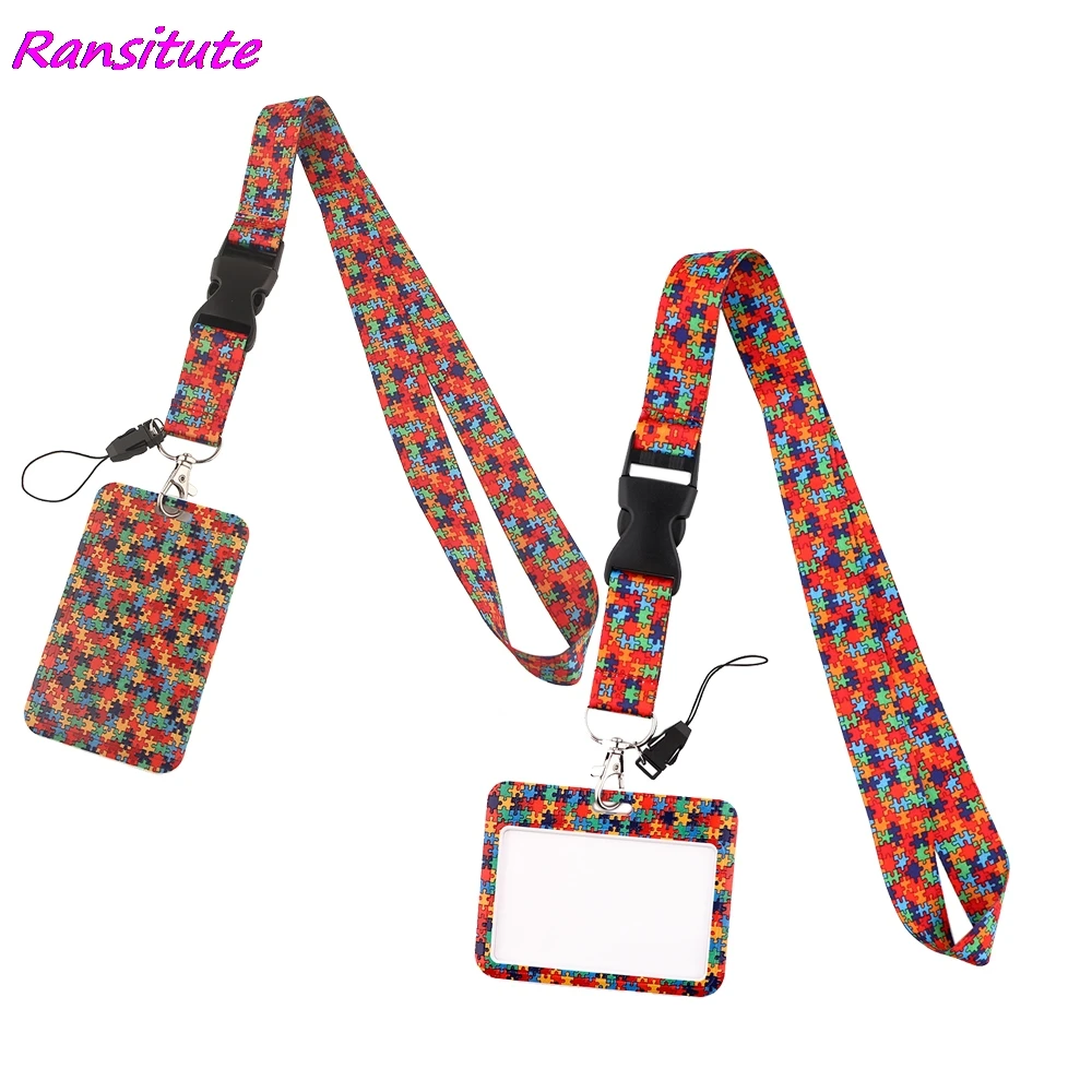 Ransitute R1992 Autism Awareness Jigsaw Neck Strap Lanyard For Keys ID Card Gym Phone Straps USB Badge Holder DIY Hang Rope ransitute r1992 autism awareness jigsaw neck strap lanyard for keys id card gym phone straps usb badge holder diy hang rope