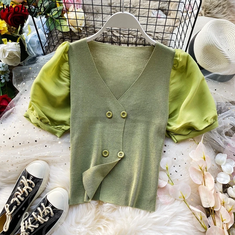 

Woherb Women Blouse V-neck Double Breasted Knitting Chiffon Patchwork Female Shirts Summer New Wolid Cardigan Short Ladies Tops