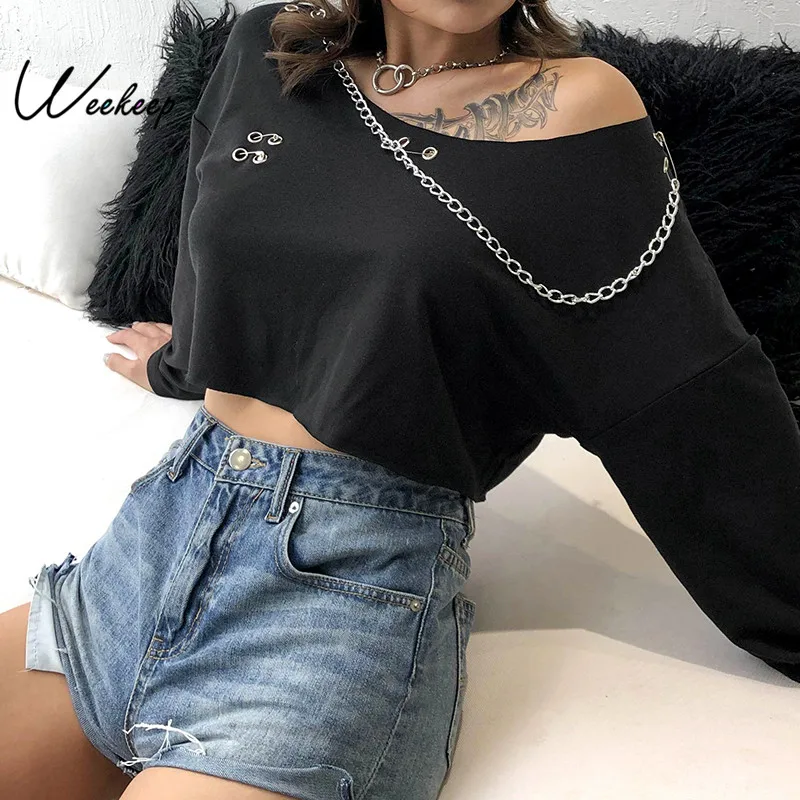 

Weekeep Metal Chain Patchwork Hoodies Women Black Cropped Loose O-neck Long Sleeve Pullover Sweatshirt Streetwear Moletom Tops