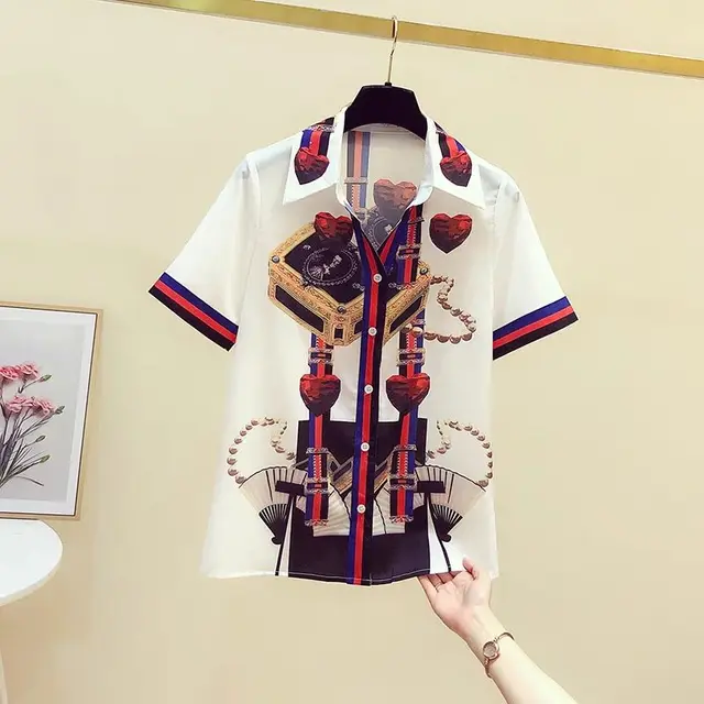 2022 Spring New Retro Print Blouse Women Lapel Shirt Woman Long Sleeve Shirt Tops Office Ladies All-match Blouuse Blusas Femme Short Sleeve