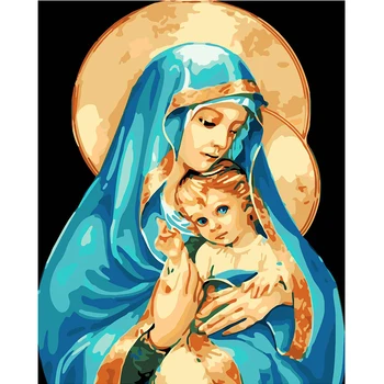 

Pictures By Numbers Religious mother and child HandPainted Drawing Canvas Flowers Kits DIY Coloring Home Decoration Gift