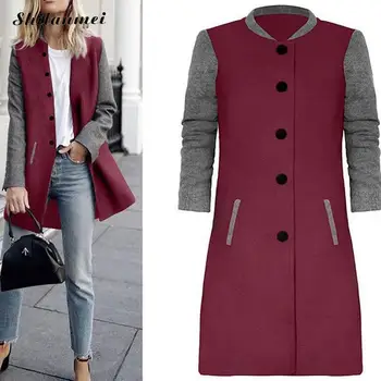 

New 2019 Autumn Winter Color Patchwork Woolen Coat Women Long Sleeve Fashion Streetwear Causal Jacket Coat Ladies Blend Overcoat